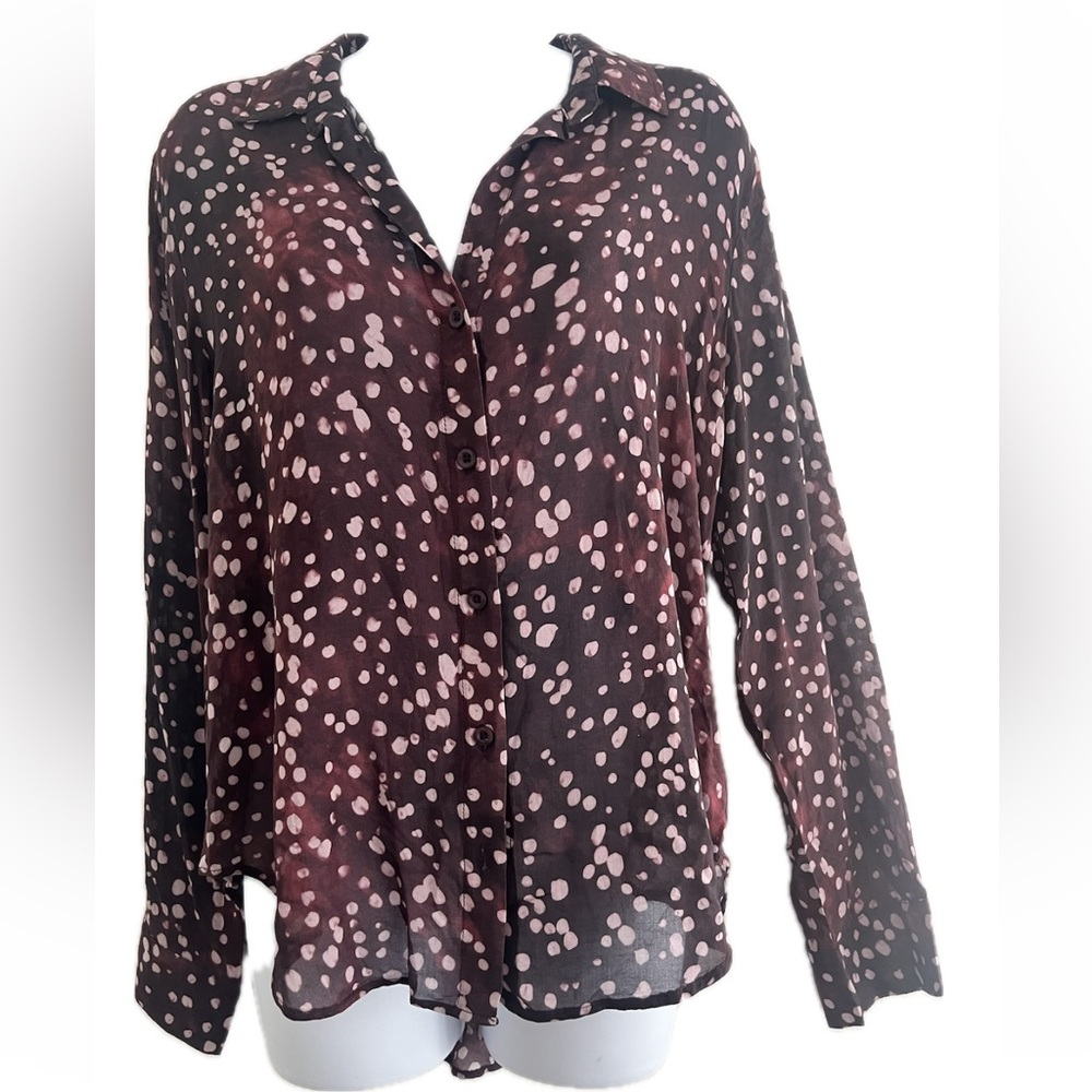 Cloth & Stone Button Up Blouse Women M Wine Dot Purple Burgundy